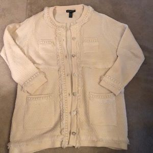 INC cream cardigan with gold trim and fringe!